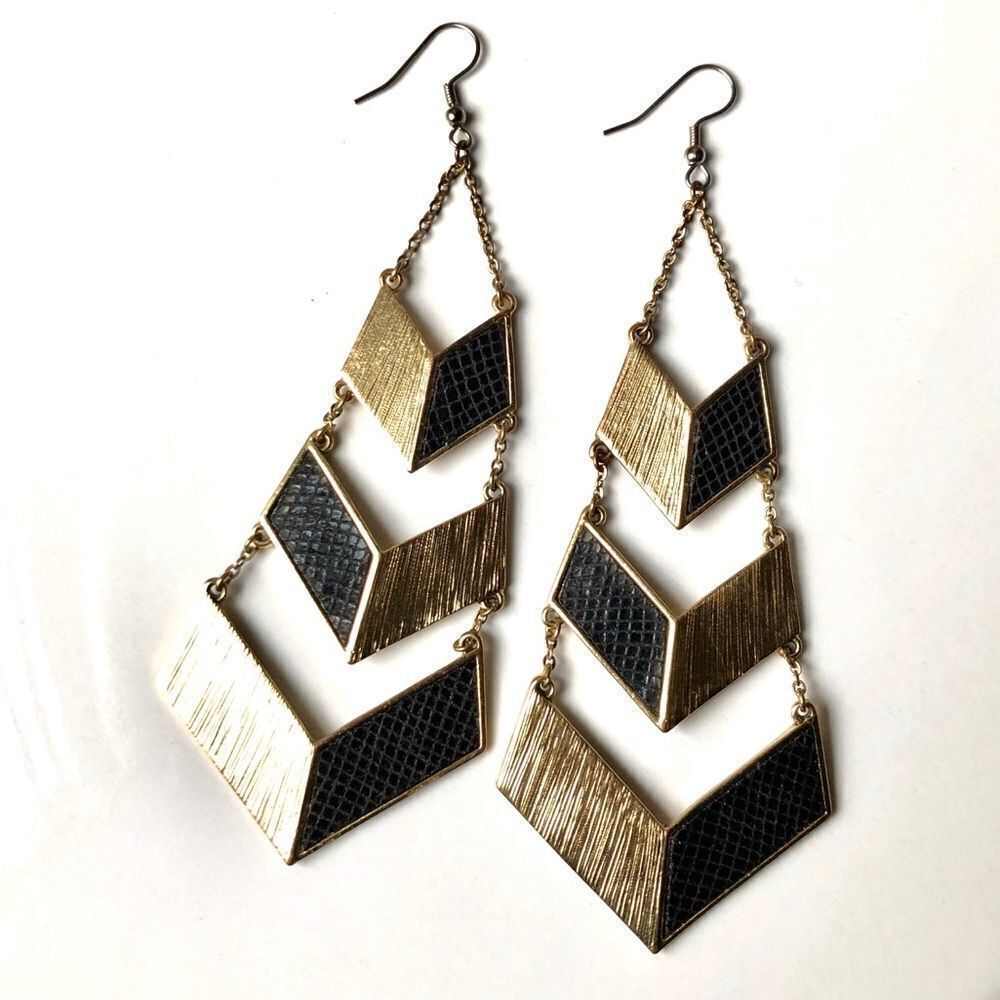 Chevron Dangle Earrings Gold tone and Black
